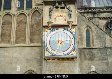 Ancient External Clock on the North Transept of Wells Cathedral restored, Wells,Somerset,England, UK. Stock Photo