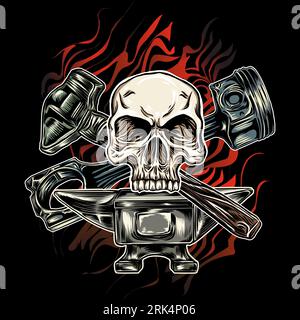 Skull with motorcycle piston and hammer, anvil, motorcycle repair emblems motor tools Stock Vector