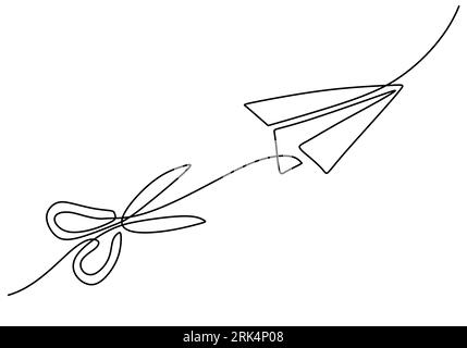 Hand drawing one single continuous line of scissors and paper plane isolated on white background. Stock Vector
