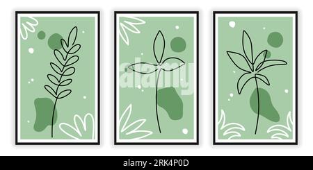 One line of three floral posters isolated on white background. Hand drawing continuous line minimalism. Stock Vector