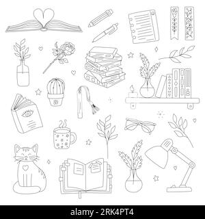 Set of hand drawn books and elements, symbolizing reading, learning. Stack of books, bookmark, bookshelf, table lamp. Black and white doodle outline v Stock Vector