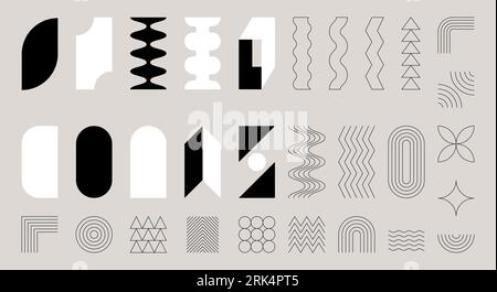 Abstract geometric shapes. Design elements in style of brutalism, Swiss minimalism, Bauhaus. Simple flat and outline decorative objects. Black and whi Stock Vector