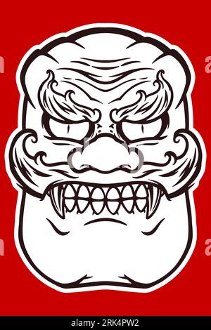 Hand drawn white japanese traditional mask isolated on red background. Stock Vector