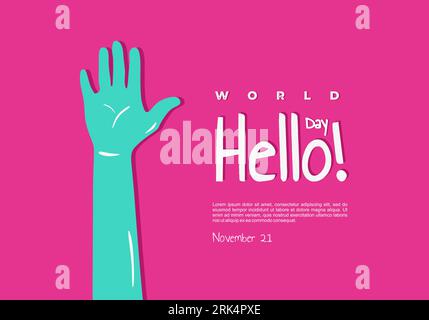 World hello day background with hand five on purple background. Stock Vector