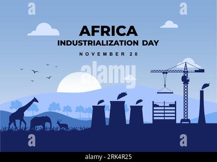 Africa industrialization day background with factory and animals forest on blue color. Stock Vector