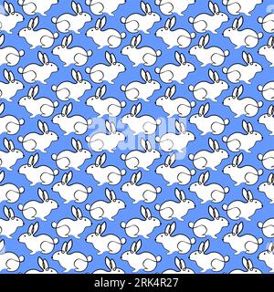 Cute white rabbit seamless pattern isolated on blue background. Stock Vector