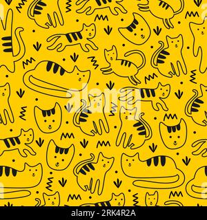 Cute cat seamless pattern isolated on yellow background. Stock Vector