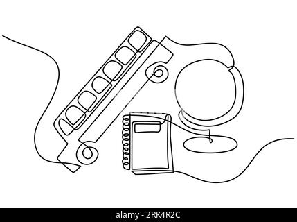 Hand drawing one single continuous line of book, bus and globe isolated on white background. Stock Vector