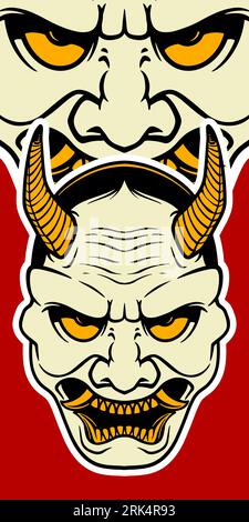 Big white Japanese scary mask elements isolated on red background. Stock Vector