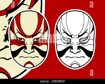 Big Japanese white mask elements isolated on red background. Stock Vector