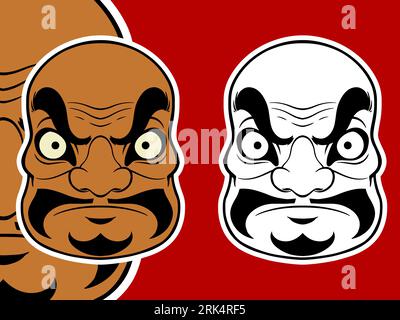 Two brown white Japanese mask elements isolated on red background. Stock Vector