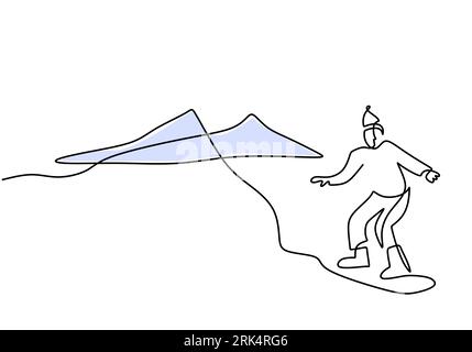 Hand drawing one single continuous line of man play surfing board on ice isolated on white background. Stock Vector