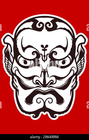 Hand drawn white japanese traditional mask isolated on red background. Stock Vector