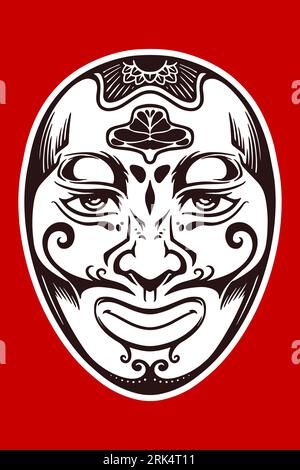 Hand drawn white japanese traditional mask isolated on red background. Stock Vector
