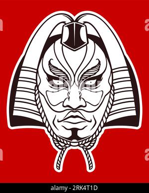 Hand drawn white japanese traditional mask isolated on red background. Stock Vector