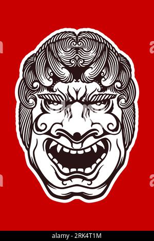 Hand drawn white japanese traditional mask isolated on red background. Stock Vector