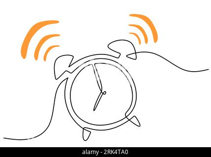 Hand drawing one single continuous line of alarm clock isolated on white background. Stock Vector