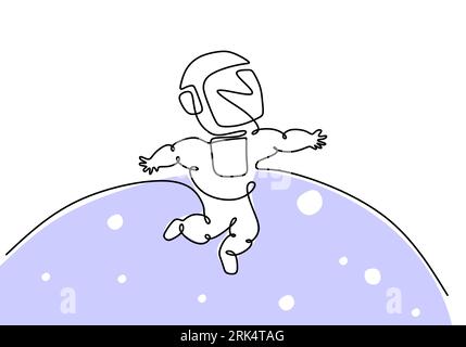 Hand drawing one single continuous line of astronaut science theme isolated on white background. Stock Vector