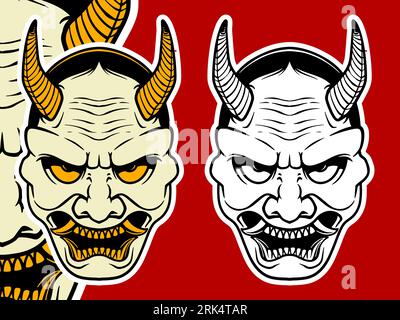 Two scary white Japanese mask elements isolated on red background. Stock Vector