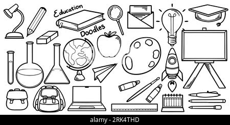 Hand drawing of education equipment doodle sets isolated on white background. Stock Vector