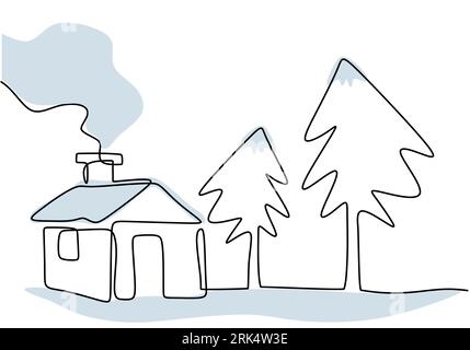 Hand drawing one line of house in snow isolated on white background. Stock Vector