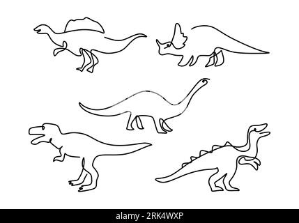 Hand drawing one single continuous line of five dinosaurs isolated on white background. Stock Vector