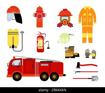 Fire equipment elements with hydrants, axe , mask, extinguisher, nozzle, truck, boat and gloves. Stock Vector