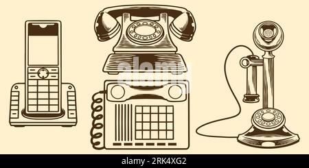 Hand drawing vintage telephones drawn elements. Stock Vector