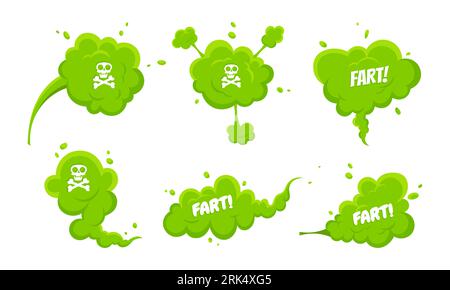 Smelling green cartoon smoke or fart clouds flat style design vector illustration set. Stock Vector