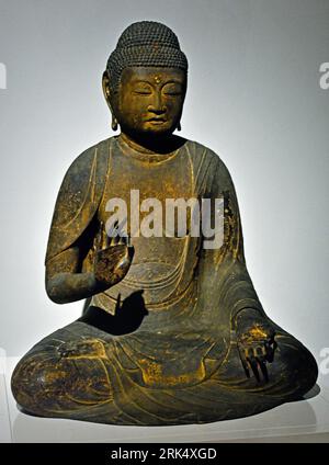 Amida Nyorai (Buddha Amitabha), sitting in the lotus position. 1125 - 1751 12th Century  Japan wood, traces of lacquer,  87cm × 71. cm  56.5cm representations  gods, demi-gods, heroes, etc. (Hinduism, Buddhism, Jainism) Rijksmuseum Amsterdam Stock Photo