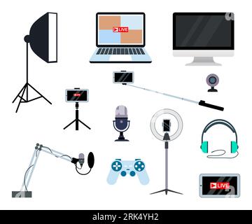 Set of Equipments for streamers and blogger isolated on white background. Stock Vector