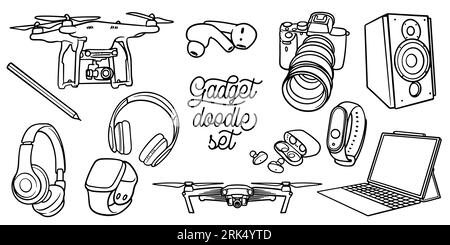 Hand drawing of digital gadgets doodle set isolated on white background. Stock Vector