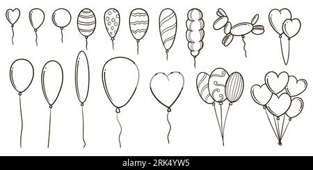 Hand drawn birthday balloons doodle set drawing isolated on white background. Stock Vector