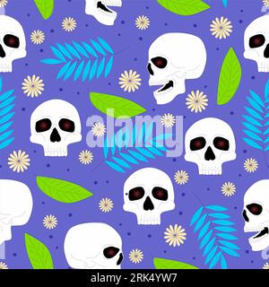 Skull seamless pattern isolated on blue background. Stock Vector