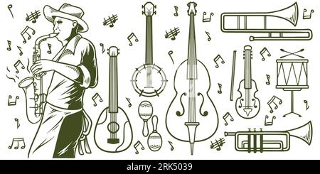 Hand drawn music jazz doodle icon set isolated on white background. Stock Vector