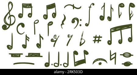 Hand drawn music notes doodle icon set isolated on white background. Stock Vector