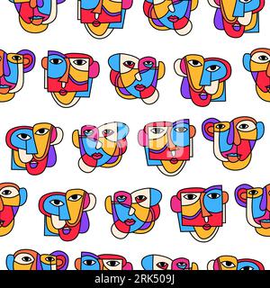 Picasso face art seamless pattern isolated on white background. Stock Vector