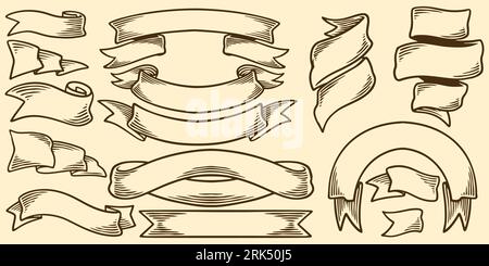 Hand drawing vintage ribbons drawn elements. Stock Vector