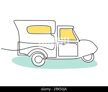 Hand drawing single one line of Classic bajaj transportation isolated on white background. Stock Vector