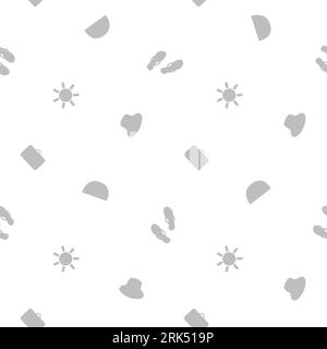 Cute vector travel seamless pattern background with sun, suitcases, flip flops, hearts, rainbows.Repeat with grey silhouette vacation icons on white Stock Vector
