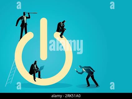 Group of businessmen doing activities around power button symbol. Concept of team building, teamwork, start up business. Vector graphic illustration Stock Vector