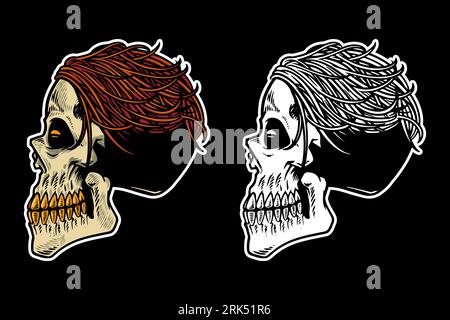hand drawn skull head with cool hair vector illustration Stock Vector
