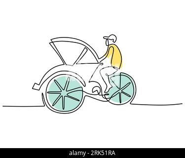 Hand drawing single one line of Classic pedicab transportation isolated on white background. Stock Vector