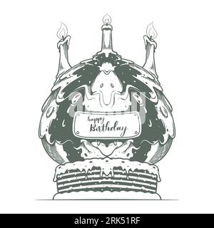 Hand drawing happy Birthday big cake isolated on white background. Stock Vector