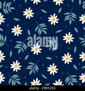 Daisy flower seamless pattern isolated on blue background. Stock Vector