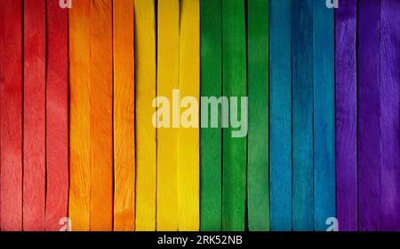 Colorful wooden background and backdrop with a vertical wooden row with rainbow lgbt flag colors. Stock Photo