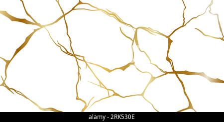 Gold kintsugi repair cracks background texture vector illustration isolated on white background. Stock Vector
