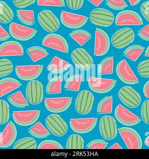 Watermelon seamless pattern isolated on blue background. Stock Vector