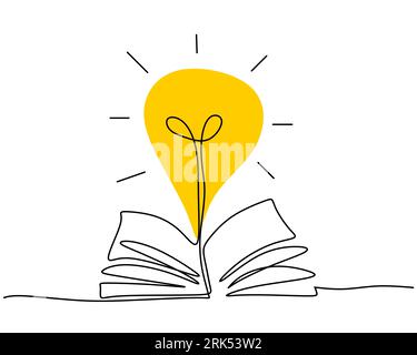Hand drawing single one line of lamp on book isolated on white background. Stock Vector