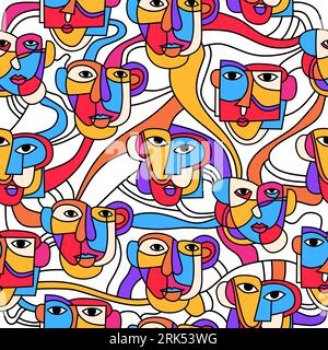 Picasso face art seamless pattern isolated on white background. Stock Vector